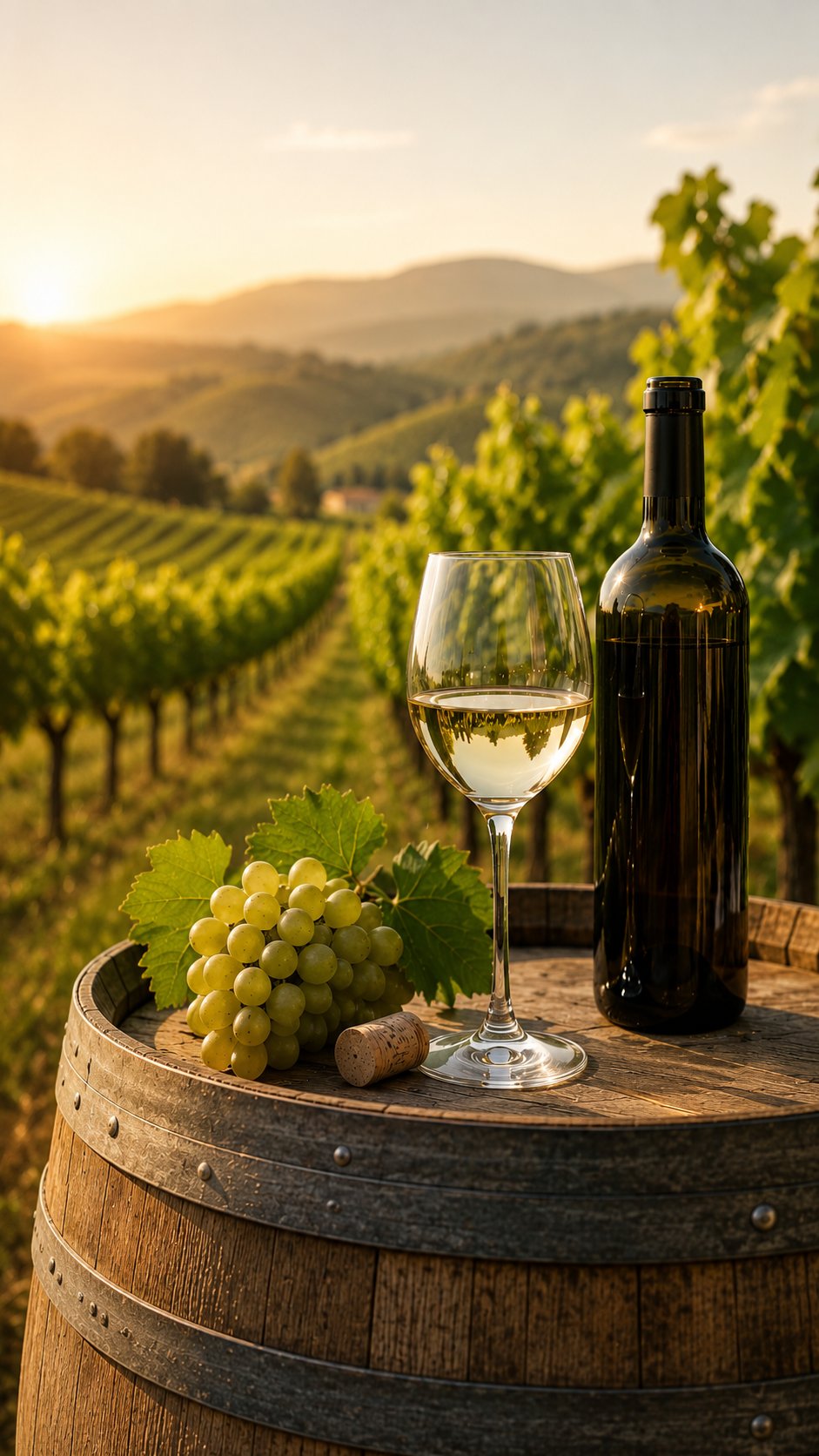 Vineyard with wine bottle and glass on an oak barrel